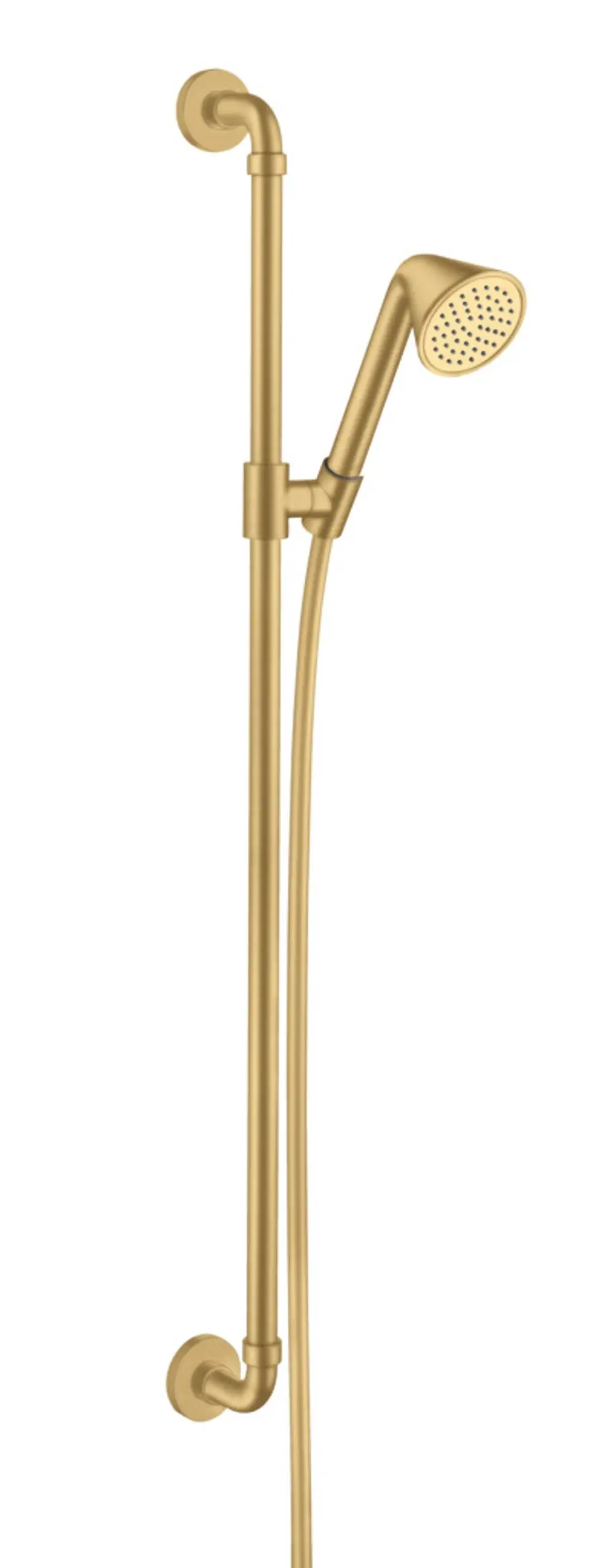 AXOR Handbrauseset mit flexibler Handbrause und senkrechter Montage. Ausführung in gebürstetem Gold, mit funktionalem Halt und Design für Badezimmeranwendungen.